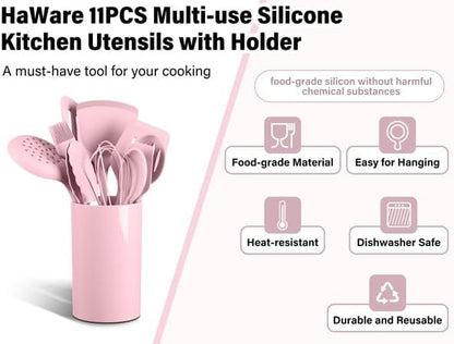 HaWare 11 PCS Silicone Cooking Utensils Set, Heat Resistant Kitchen Utensils with Holder, Food-grade Spatula Sets for Nonstick Cookware, Kitchen Tools Gadgets Include Fish Turner, Spoon (Pink)