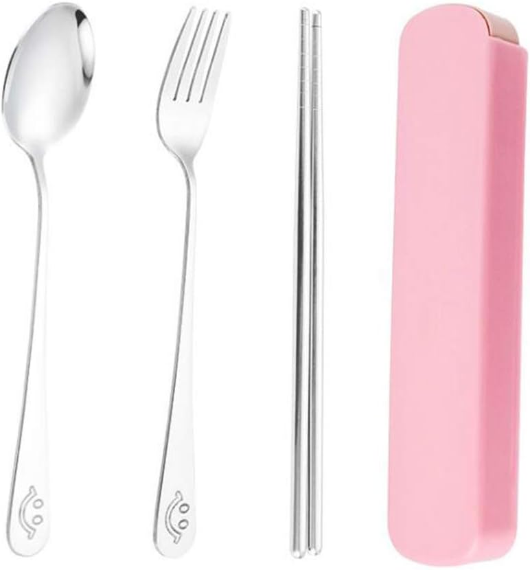 WOIWO 3 Pieces/Set of Stainless Steel Portable Tableware Outdoor Travel Smiley Face Fork Spoon Chopsticks Set (pink)