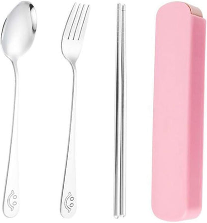 WOIWO 3 Pieces/Set of Stainless Steel Portable Tableware Outdoor Travel Smiley Face Fork Spoon Chopsticks Set (pink)