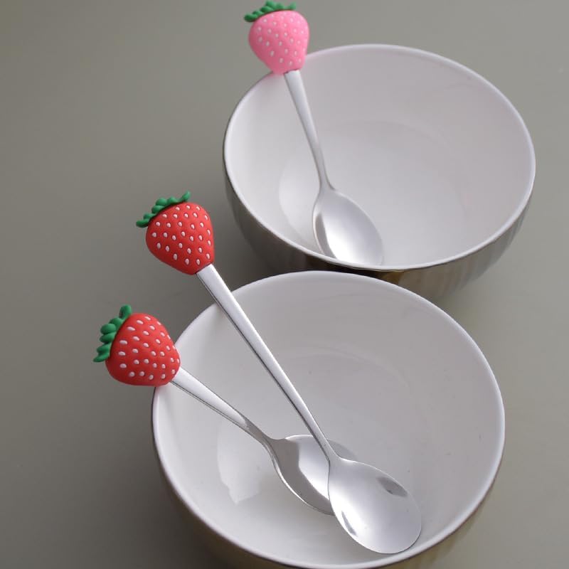 Silverware Flatware Set, 1/4/6/8/10/12 Pcs Creative Cute Fruit Spoon Household Stainless Steel Stirring Spoon Short Handle Spoon Yogurt Ice Cream Spoon Dessert Spoon(Pink,12 Pieces)