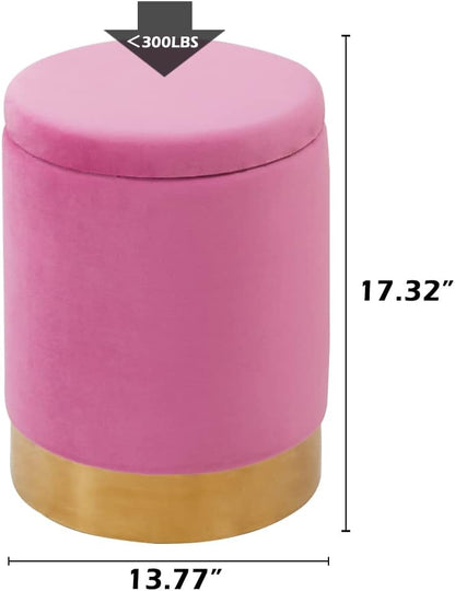 Velvet Storage Ottoman Multipurpose Footrest Stool with Metal Base Modern Round Vanity Stool Chair Ottoman Foot Stools Support 300 lbs Padded Seat for Living Room (Rose Pink)