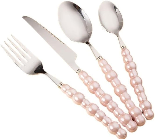 Silverware Set, 4/16/24/32 Piece Stainless Steel Pearl Knife, Fork And Spoon With Ceramic Handle, Hotel Steak Knife, Light Luxury Dessert Spoon And Fork, Flatware Set (Color : Pink, Size
