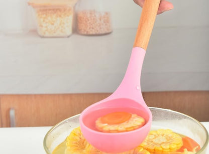 Silicone Soup Ladle - with Wooden Handle, Non-Stick Cookware Heat Resistant Kitchen Utensil (Pink)