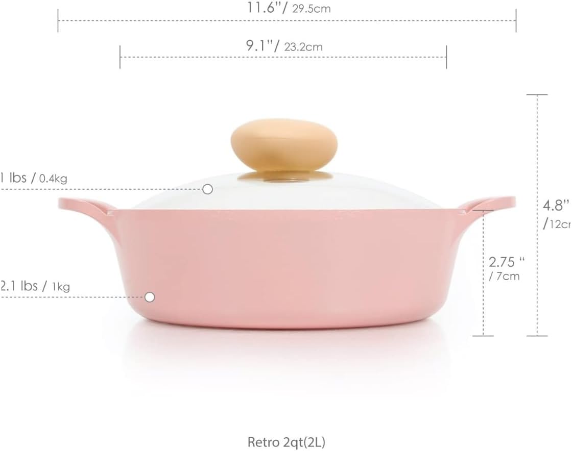 Neoflam Retro 2.0QT Low Stock Pot with Lid – 8.7" (22cm) Nonstick Ceramic Coated Casserole Pot for Soup, Pasta, Stew, Dishwasher Safe, Elegant Pink Cookware for Everyday Use, Made in Korea