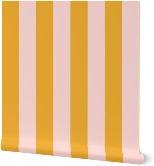 Peel & Stick Wallpaper Swatch - Pink Bold Stripe Yellow Coastal Beach Citrus Lemon Candy Large Scale Custom Removable Wallpaper by Spoonflower