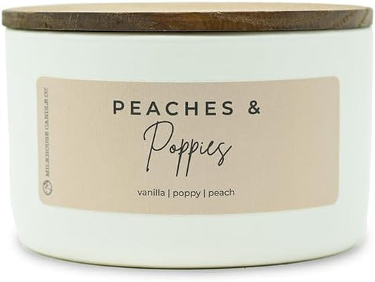 Milkhouse Candle Company Peaches & Poppies Soy Candle - Ripe Peaches | Wild Poppies | Vanilla Bean Scented - 10 oz Signature Statement with Lid, 20+ Hour Burn Time, Made in the USA