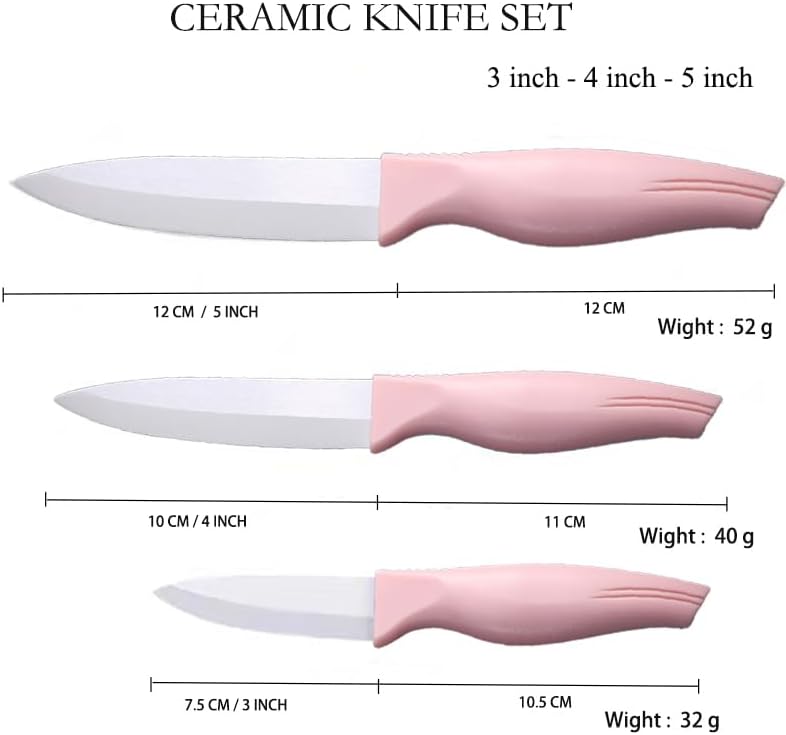 Zhiyun 3-Pieces Pink Ceramic Knives Set, 5-Inch for Vegetable and meet 4-Inch for Fruit 3-Inch for Peeling,Suitable for Beef Chicken Vegetable Fruit Butter and Bread (Pink)