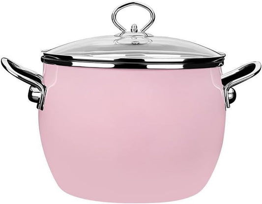 Kitchen Enamel Stockpot with Lid Soup Pot Nonstick Enamel on Steel Stock Pot Enamelware Cooking Pot Large Simmer Pot with Handle for Induction Cookers and Stove,Pink