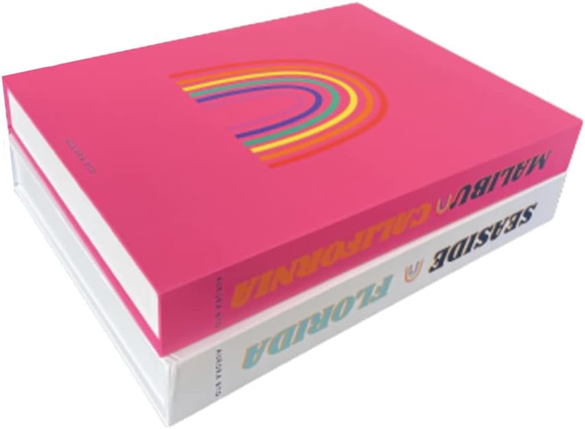Decorative Books in Pink and White Malibu Seaside Teen Girls, Women Modern Preppy Aesthetic Stacked Home Book Decor Bookshelf & Coffee Table Decor Faux Books College Dorm AuroraBTQ Set of 2