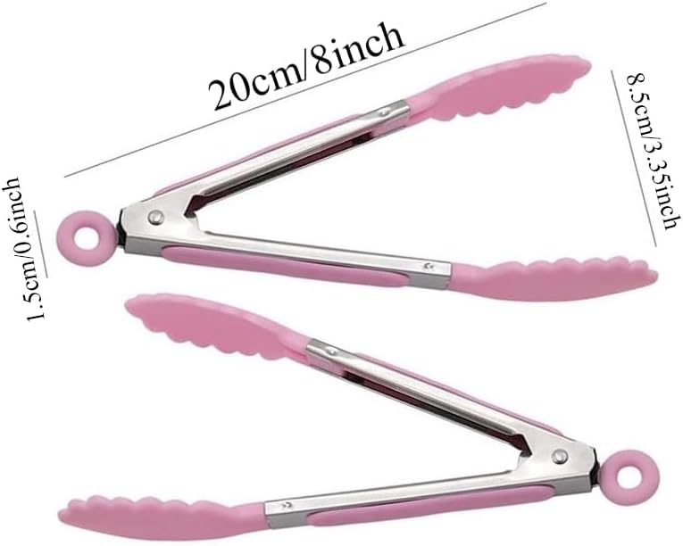 6 Piece 8-Inch Mini Serving Tongs for Cooking, Stainless Steel Locking Tong with Silicone Tips, Heat Resistant Grilling Barbeque Kitchen Food Tongs for Nonstick Cooking Pans (Pink)