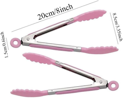 6 Piece 8-Inch Mini Serving Tongs for Cooking, Stainless Steel Locking Tong with Silicone Tips, Heat Resistant Grilling Barbeque Kitchen Food Tongs for Nonstick Cooking Pans (Pink)