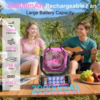 Honesorn Portable Fan Rechargeable 20000mAh, Camping Fan with LED Light & Remote, USB C Cordless Battery Powered, 4 Speeds Timer Hanging Hook for Travel Tent Outdoor Essentials - Pink
