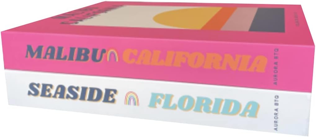 Decorative Books in Pink and White Malibu Seaside Teen Girls, Women Modern Preppy Aesthetic Stacked Home Book Decor Bookshelf & Coffee Table Decor Faux Books College Dorm AuroraBTQ Set of 2