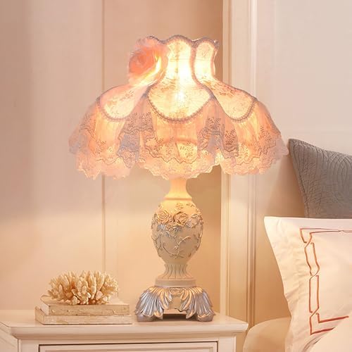 Vintage Pink Table Lamp, Victorian Style Lace Design, Pleated Fabric Shade Desk Lamp, Antique Flower Night Light for Bedroom Decorative Nightstand