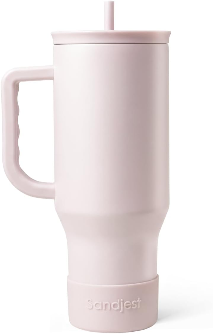 SANDJEST Pale Pink 40oz Tumbler with Handle and Straw, Insulated Stainless Steel Travel Coffee Mug for Women Girls, Gift Idea for Birthday Christmas Mothers Day