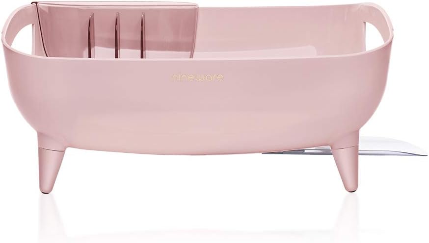 Wide Volume Dish Drying Rack, Large Capacity Kitchen Coutertop Organizer, 360° Rotatable Water Drain, Removable Utensil Holder, Sleek Design, Made in Korea (Pink)