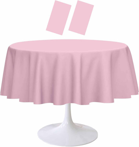 2 Pack Light Pink Round Tablecloth 84 x 84 Inch Circle Plastic Table Cover Disposable Table Cloth for Baby Shower Wedding Birthday Party Picnic Round Pink Tablecloth