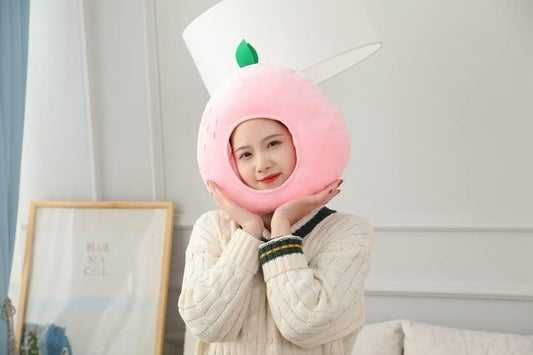 HIPIHOM Plush Fruit Headgear Hat Funny Novelty Hat Sleeping Pillow Toy Photo Props Warm Cosplay Costume Head Accessories