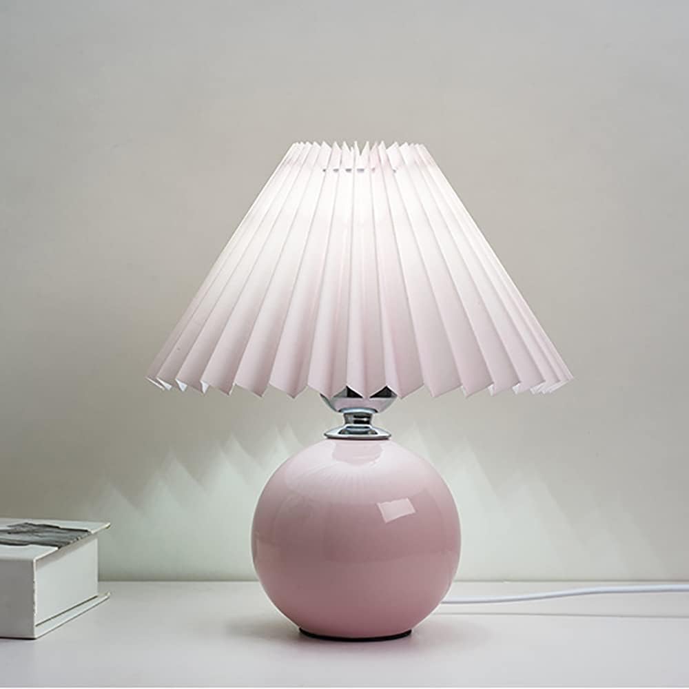 Meefad Cute Bedside Lamp, 1 Light Small Table Lamp with Pleated Fabric Shade, Ceramic Base, Girls Night Light for Bedroom Reading Nightstand, Pink