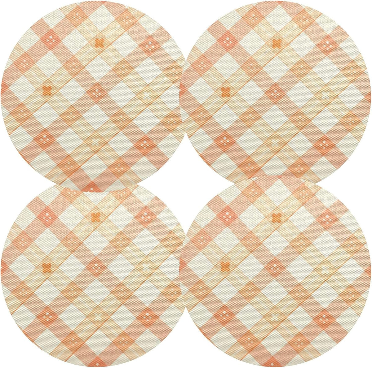 Peach Plaid with Flowers Pattern PVC Non-Slip Heat Resistant Place mats Washable Round Dining Table mats Set, 1 Pack