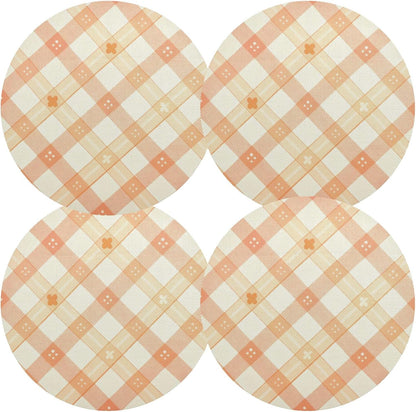 Peach Plaid with Flowers Pattern PVC Non-Slip Heat Resistant Place mats Washable Round Dining Table mats Set, 1 Pack
