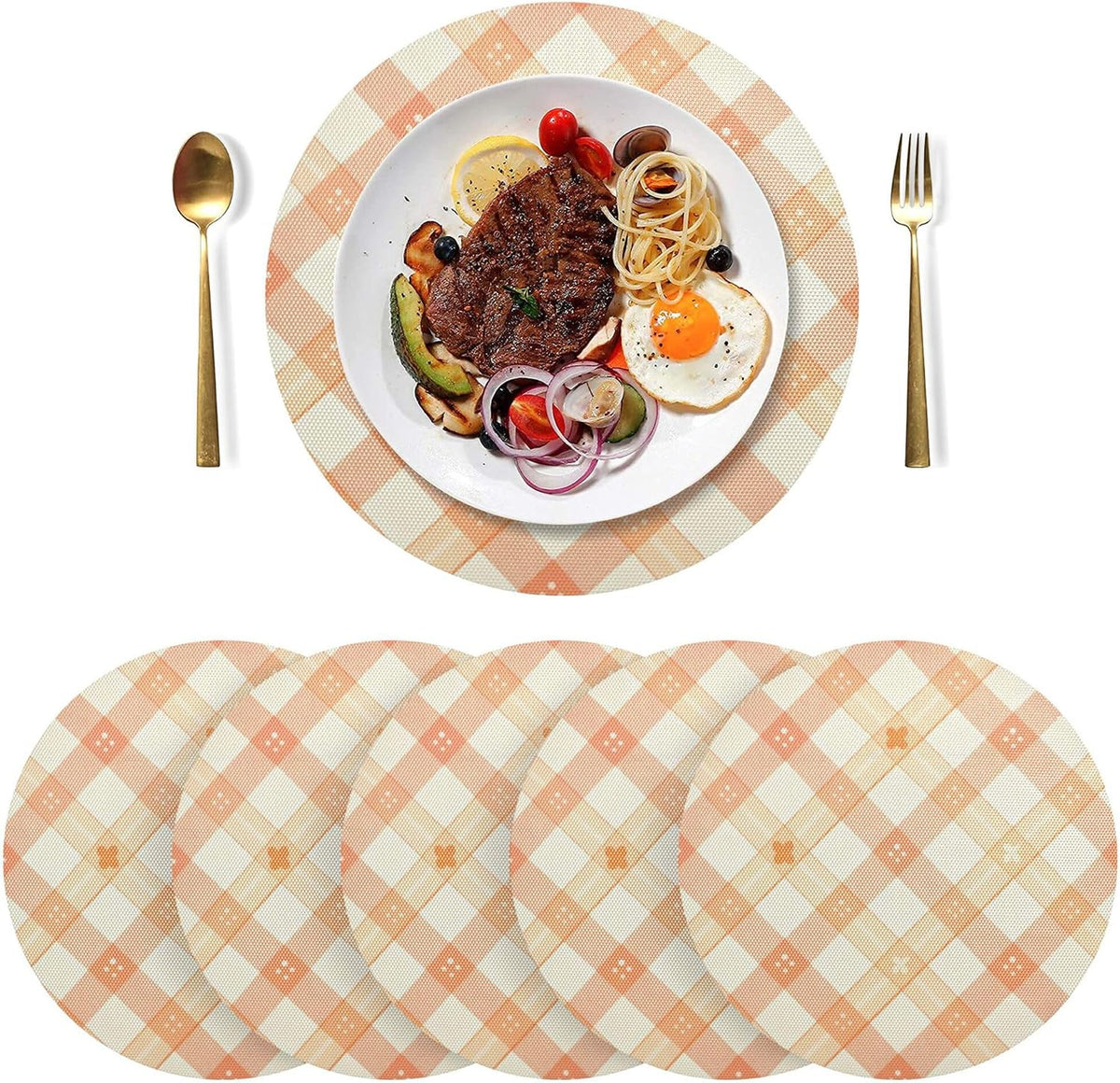 Peach Plaid with Flowers Pattern PVC Non-Slip Heat Resistant Place mats Washable Round Dining Table mats Set, 1 Pack