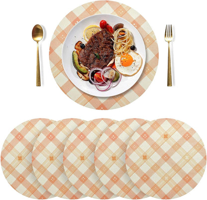Peach Plaid with Flowers Pattern PVC Non-Slip Heat Resistant Place mats Washable Round Dining Table mats Set, 1 Pack