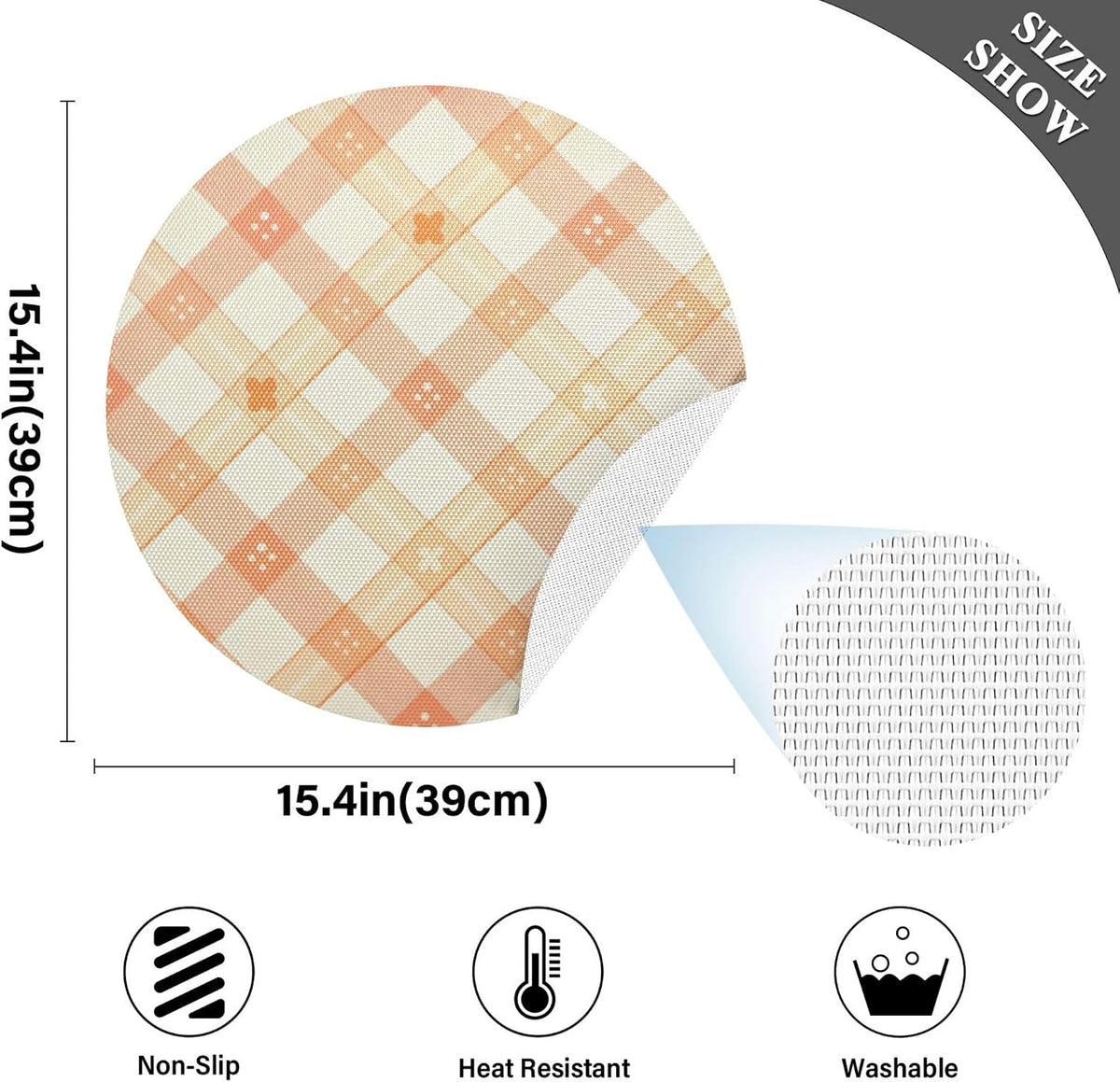 Peach Plaid with Flowers Pattern PVC Non-Slip Heat Resistant Place mats Washable Round Dining Table mats Set, 1 Pack