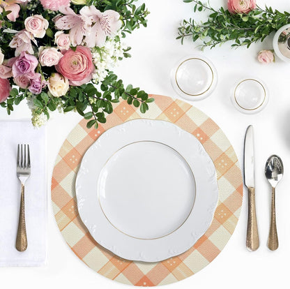 Peach Plaid with Flowers Pattern PVC Non-Slip Heat Resistant Place mats Washable Round Dining Table mats Set, 1 Pack