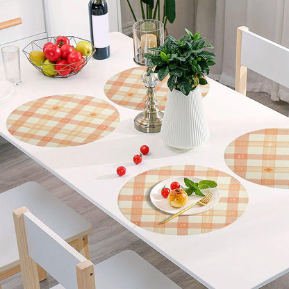 Peach Plaid with Flowers Pattern PVC Non-Slip Heat Resistant Place mats Washable Round Dining Table mats Set, 1 Pack