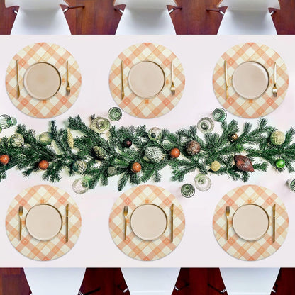 Peach Plaid with Flowers Pattern PVC Non-Slip Heat Resistant Place mats Washable Round Dining Table mats Set, 1 Pack