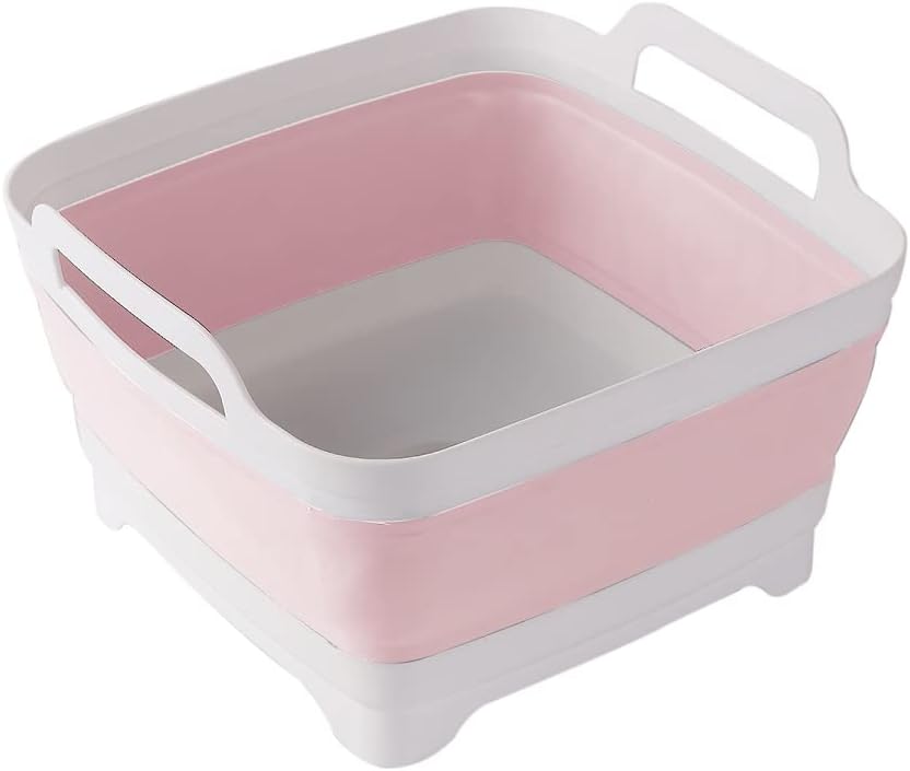 Dish Basin Collapsible with Drain Plug Carry Handles for 9L Large Capacity, Washing Basin, Collapsible Dish Tub for RV Sink, Vegetable, Fruit, Food Sink Strainer Dish Washing Tub - Pink