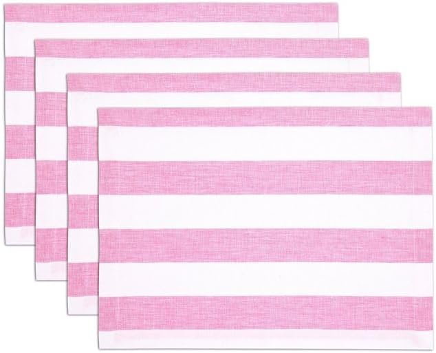 100% Pure Linen Cabana Stripe Placemats, 14 x 19 Inch, Pink and White, 4-Pack