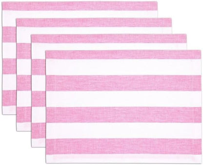 100% Pure Linen Cabana Stripe Placemats, 14 x 19 Inch, Pink and White, 4-Pack