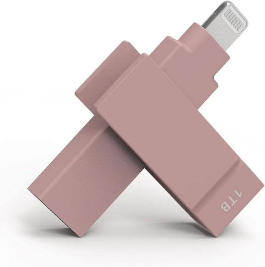 1TB Backup Flash Drive 2-in-1 Lightning & USB Type A for iPhone, iPad, and Computer Apple MFi Certified Morandi Pink iXflash, External Hard Drive for iPhone