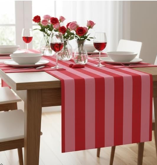 Folkulture Table Runner 90 inches Long | Fall Table Runner for Dining Table, Fall Table Decor | 100% Cotton, Machine Washable, Pink & Red Vertical Striped Runners For Kitchen, Dining Room, Living Room