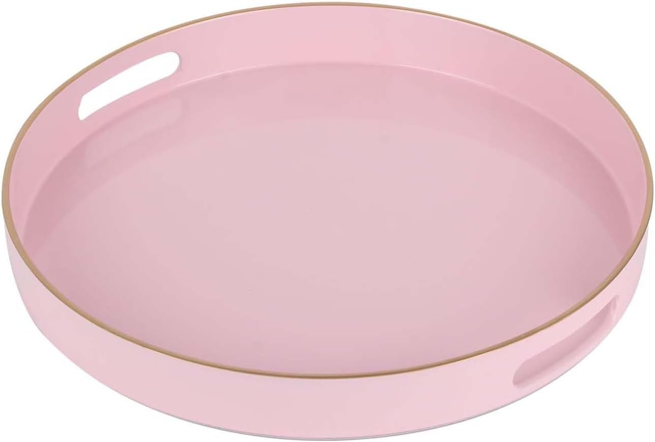 Pink Decorative Tray,Elegant Round Plastic Serving Tray with Handles,Round Ottoman Trays Coffee Table Trays for Living Room,Home Decor 13"