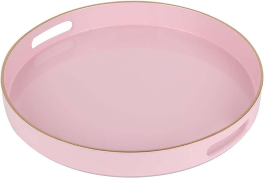 Pink Decorative Tray,Elegant Round Plastic Serving Tray with Handles,Round Ottoman Trays Coffee Table Trays for Living Room,Home Decor 13"