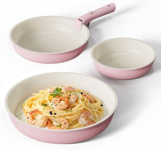 Nonstick Cookware Set, 4 Piece Frying Pan Set with Detachable Handle, 8" 10" 12" Pans, Induction Compatible, Oven Safe, Stackable, Pink