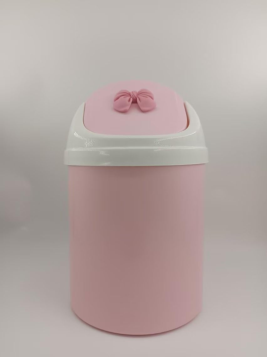 Mini Pink Desktop Trash Can with Swing Lid, Resin Bow Accent – 3.5L(0.92 Gal) Compact Odor Control Small Waste Bin, Durable Plastic Tabletop Garbage Pail