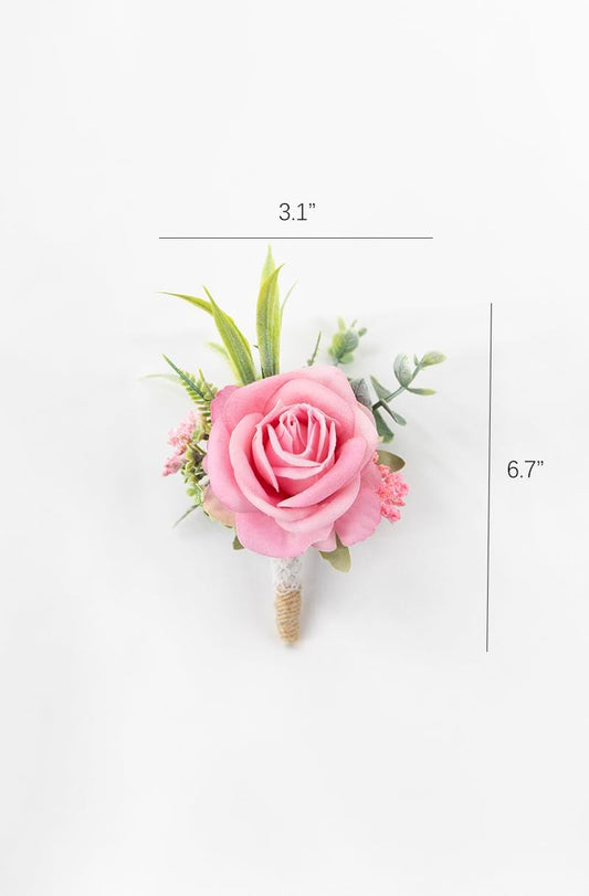 Ansofi Pink Corsage and Boutonniere Set Artificial Rose Flower Wrist Corsage and Boutineers for Groom Groomsmen Bride Bridesmaids Prom Rustic Vintage Wedding Decor