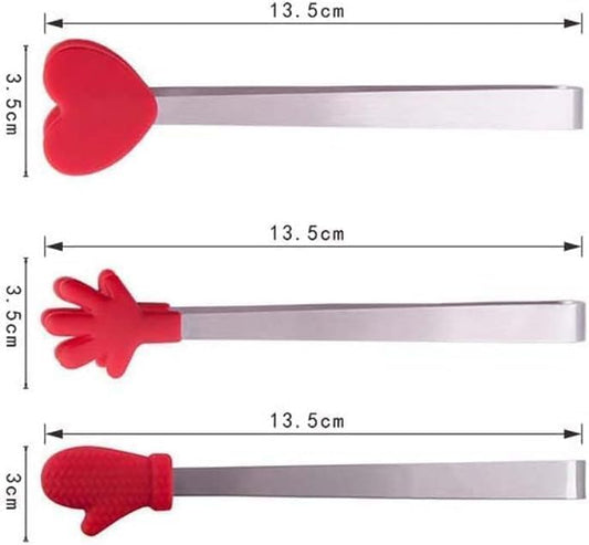 2Pcs Pink Mini Hand Shape Tong Silicone Food Tongs Stainless Steel Kitchen Tongs Small Kids for Sugar Cubes, Serving Food, Salad Buffet Cooking Utensils (Heart Shape)