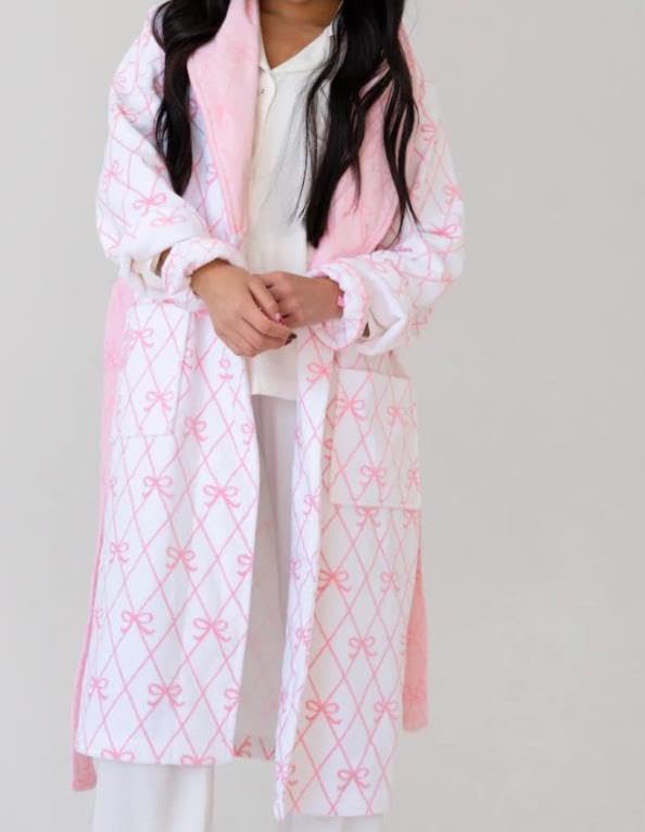 Women Valentine's Day Bow Floral Long Sleeve Plush Robes Fuzzy Shawl Collar Warm Belted Bathrobes