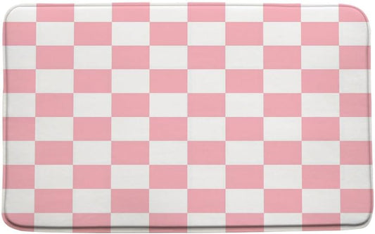 Checkered Bath Mat Bathroom Rug Pink White Cute Checkboard Vintage Geometric Modern Minimalist Groovy Bright Memory Foam Soft Floor Rug, 19.8"x31.5"