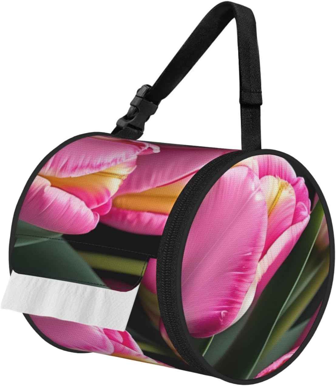 Pink and Tulips Print Print Cylinder Tissue Box Cover Portable Tissue Holder for Bathroom Car Office Home Indoor Outdoor