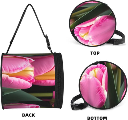 Pink and Tulips Print Print Cylinder Tissue Box Cover Portable Tissue Holder for Bathroom Car Office Home Indoor Outdoor