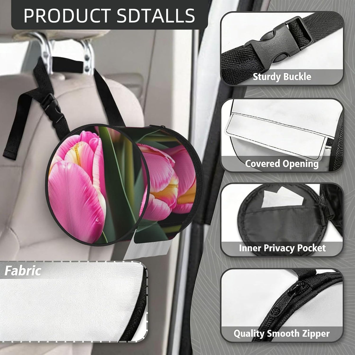 Pink and Tulips Print Print Cylinder Tissue Box Cover Portable Tissue Holder for Bathroom Car Office Home Indoor Outdoor