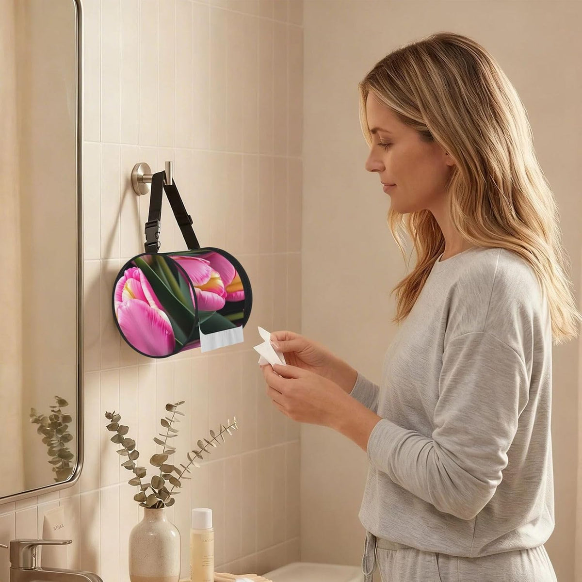 Pink and Tulips Print Print Cylinder Tissue Box Cover Portable Tissue Holder for Bathroom Car Office Home Indoor Outdoor