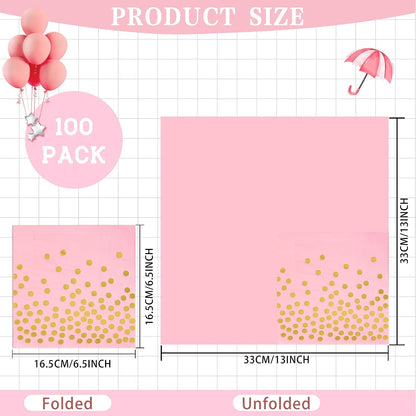 100 Pcs Pink Cocktail Napkins - Pink and Gold Paper Napkins Disposable for Birthday Bridal Shower Wedding Mother's Day Party
