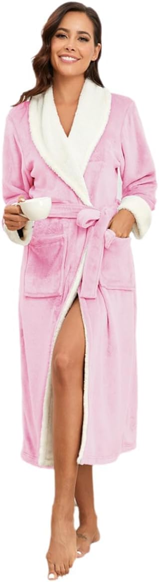 RONGTAI Plush Fleece Bathrobe for Women, Long Robe with Two Side Pockets and Belt, Warm and Cozy Fluffy Sleepwear Nightgown